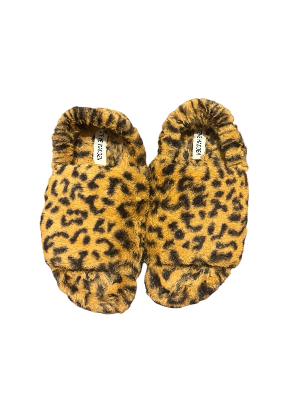 Steve Madden Women’s Fidget Leopard Print Faux Fur Slippers Tan and Black size 7